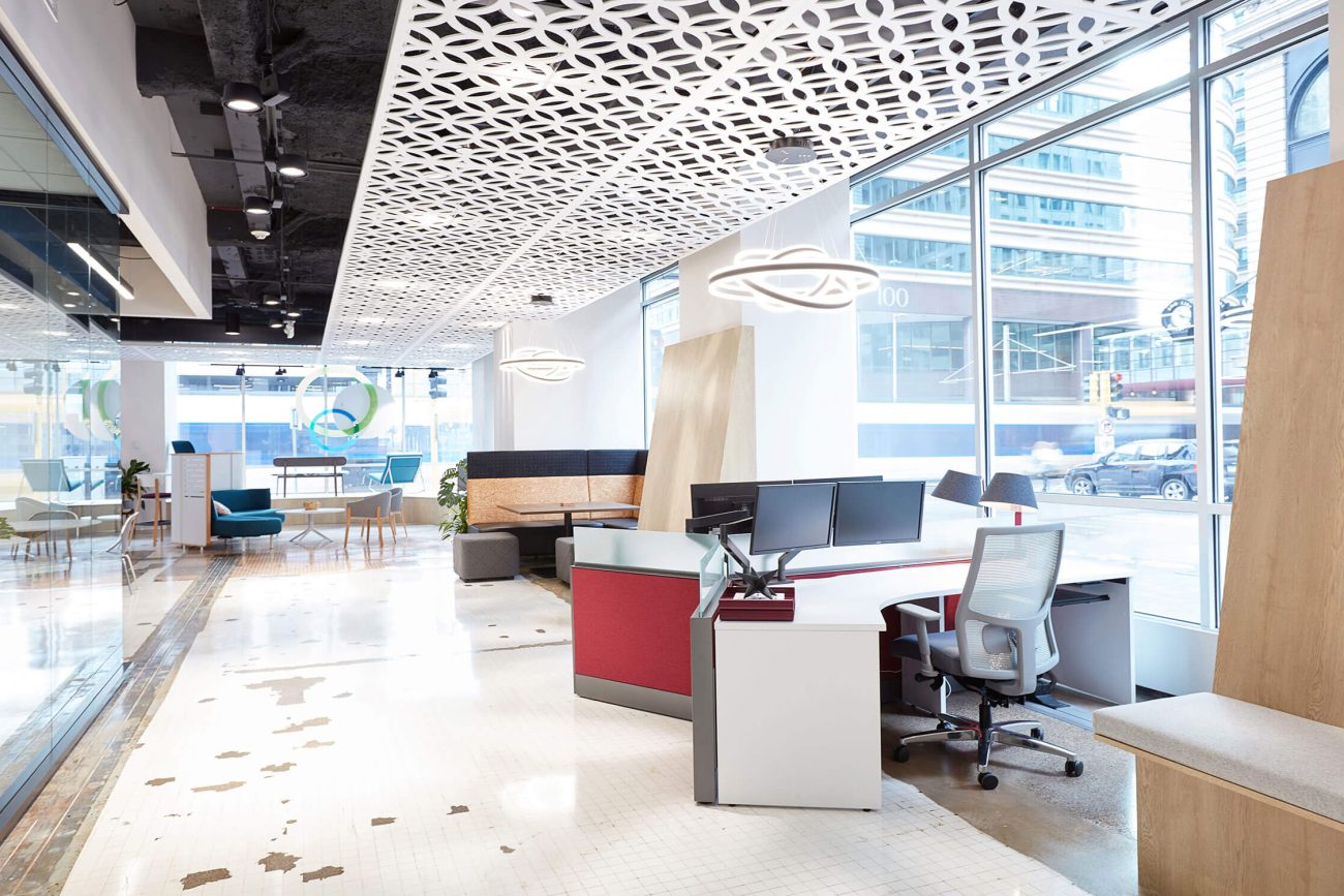 Modern commercial office interior featuring open workspace and collaboration areas.